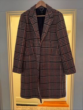 J. Crew Plaid Wool-Blend Pea Coat in Black, Cream & Red